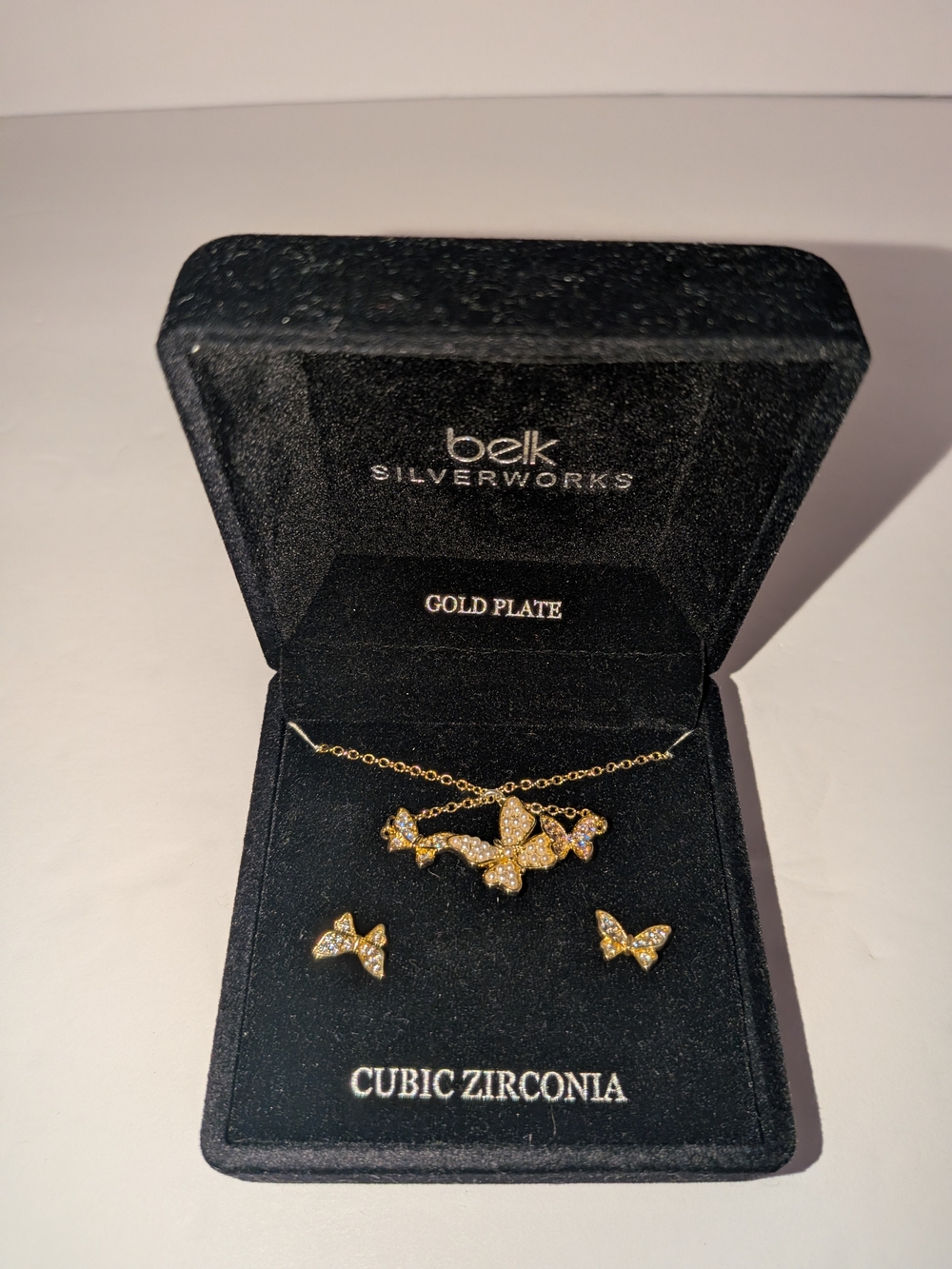 Gold Plate Butterfly Cubic Zirconia Necklace & Earrings Set - Gold